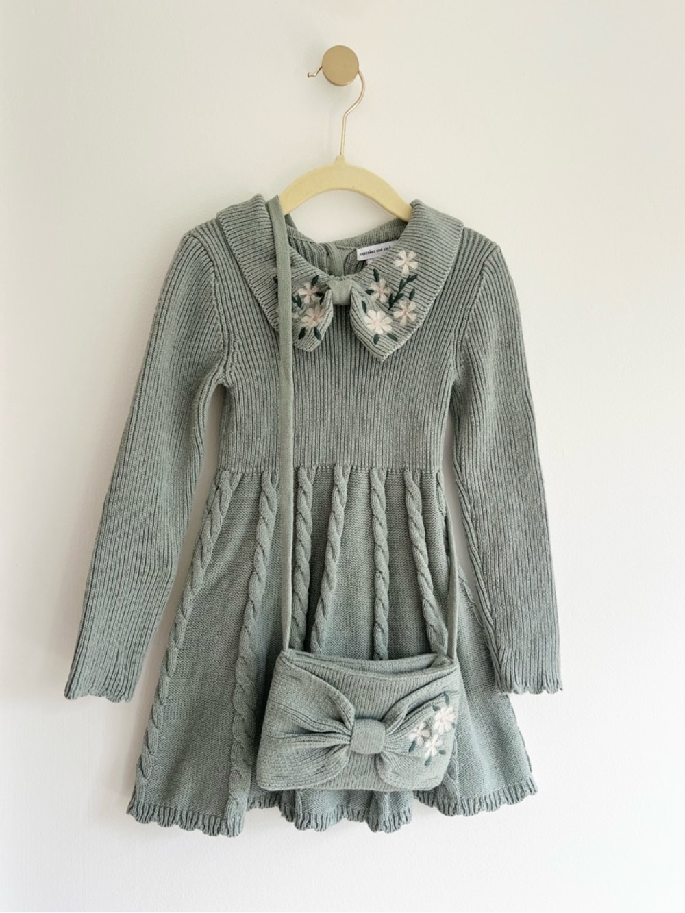 Cupcakes & Cashmere Sage Knit Floral Collar Long Sleeve Dress & Purse, Girls 5/6